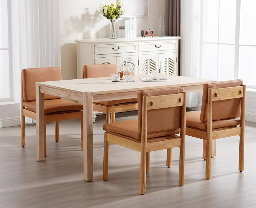 Brown Leather Dining Chairs Set of 4 Modern Upholstered Dining Room Chairs Natural Wooden Side Ch... | Amazon (US)