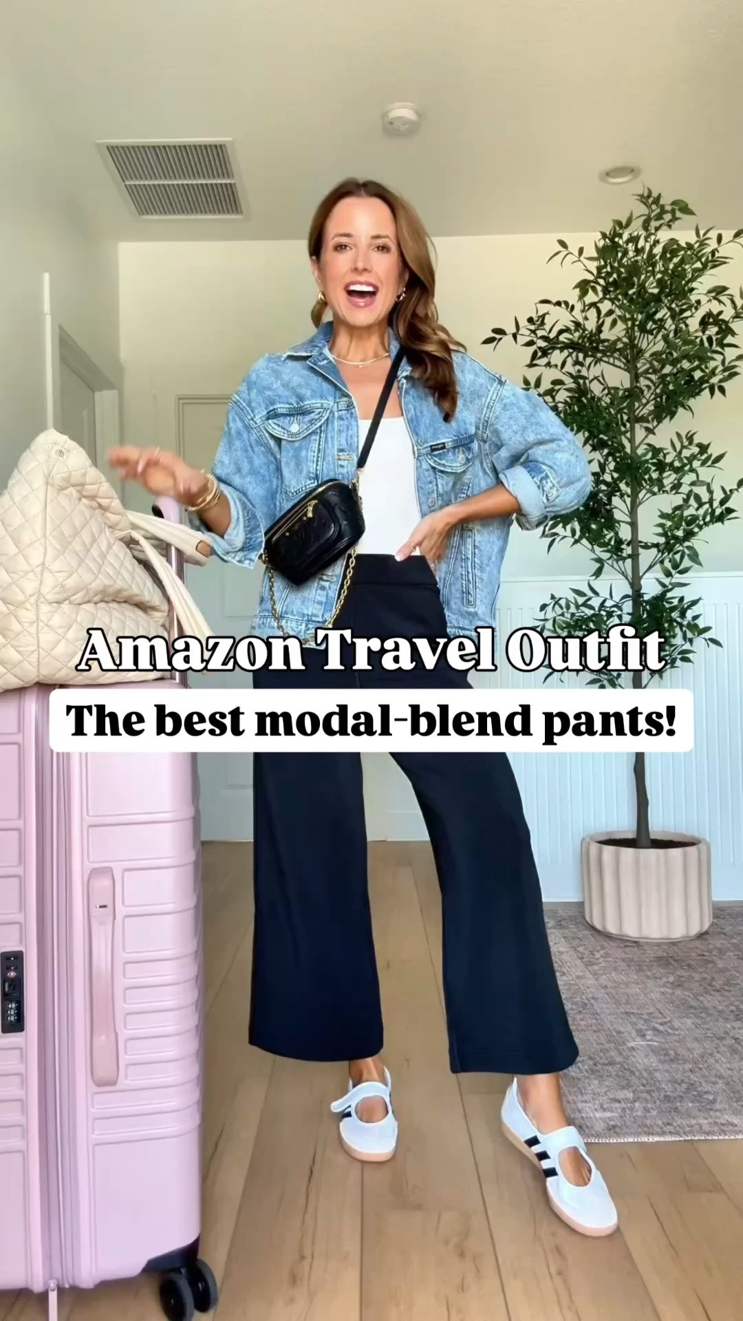 Travel outfit. Elevated casual. I just love these new wide leg modal blend pants! Wearing XXS and has 25” inseam. So soft and comfortable for travel, everyday, and the office, too. Wearing XS in bodysuit and XS in slouchy denim jacket. Adidas samba Jane’s run a smidge big but I didn’t size down because you can tighten straps. Love my quilted travel tote & luggage with fitted covers. Spring outfit. Mom outfit.

#LTKootd #LTKgrwm #LTKTravel
