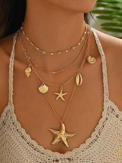4pcs/Set Summer Bohemian Daisy Handmade Chain Alloy Starfish Shell Pendant, Multi-Layer Necklace For Women, Suitable For Daily Outfit And Beach Vacation Photo Shoot. Chain Length Customizable - Size Starfish Pendant | SHEIN