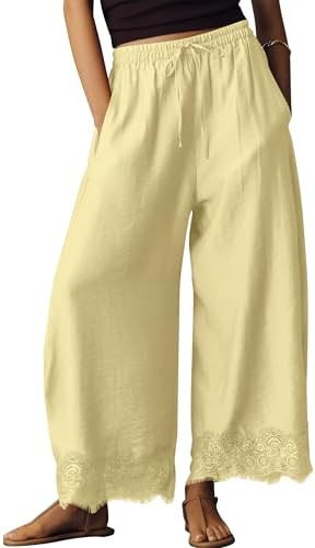 TERIVEEK Lace Trim Wide Leg Pants for Women 2026 Summer Casual Drawstring Elastic Waisted Flowy T... | Amazon (US)