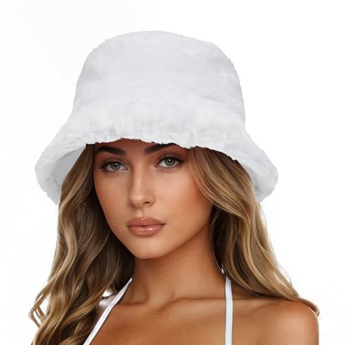 Century Star Fuzzy Bucket Hat for Women Winter Warm Furry Fur Fluffy Fisherman Cap Men Faux Fur Soft Cute Bucket Hat White One Size | Amazon (US)
