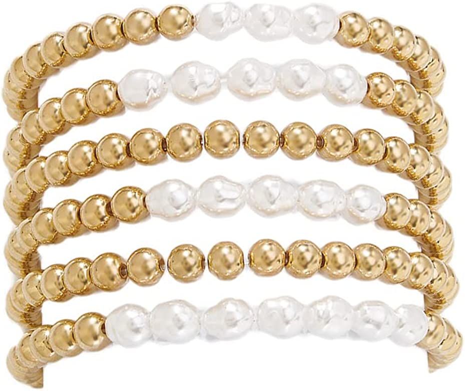 COLORFUL BLING 5-6Pcs Imitation Pearl Stretch Bracelet Set for Women Gold Beaded Flat Strand Stackab | Amazon (US)