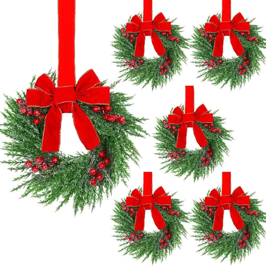 YoleShy 6 Pcs Small Christmas Wreath 12'' Mini Wreaths for Kitchen Cabinet Wreaths with Berry & Red Velvet Bow Ribbon Window Wreaths Christmas Xmas Farmhouse Decoration for Front Door Chair Wall | Amazon (US)