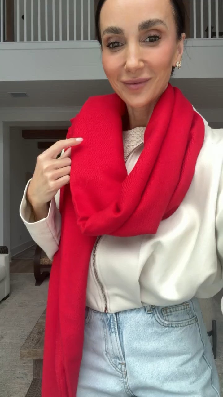 Red is the easiest way to wake up a neutral fall outfit. I love this oversized scarf layered with cream and denim. Cozy, bold, and such an easy pop of color.

red scarf, oversized scarf, fall accessories, red accessories, fall outfit, neutral fall outfit, scarf styling, cozy fall style, denim outfit, fall layering, women over 40 fashion, annabrstyle
