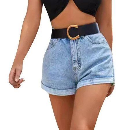 Biziza Womens Jean Shorts High Waisted Stretchy Casual Fashion Folded Hem with Belt Cut Off Denim Jean Shorts with Pockets S-5XL | Walmart (US)