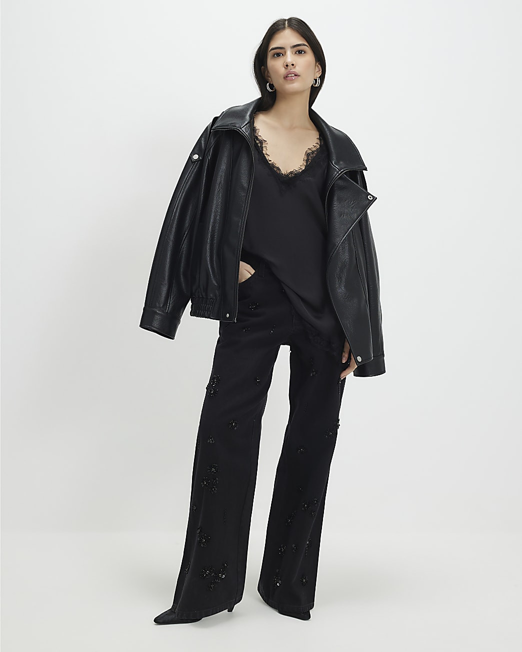 Petite Black Straight Embellished Jeans | River Island UK & IE
