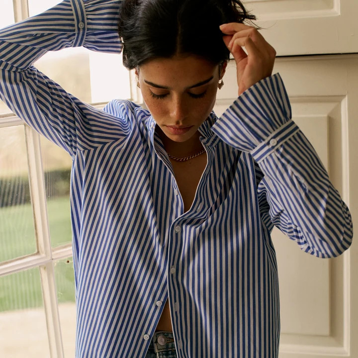 Kew Blouse: Fine Poplin, Royal Blue Stripe | With Nothing Underneath