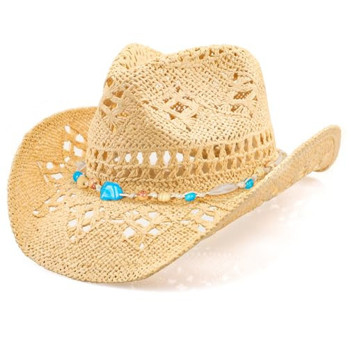 WQWOVRVO Cowboy Hat,Cowgirl Hat,Cowboy Hats for Women/Mens/Straw Wide with Shapeable Brim Cowboy Hat for Womens/White/Black. (Beige +Blue White), 13 Years | Amazon (US)
