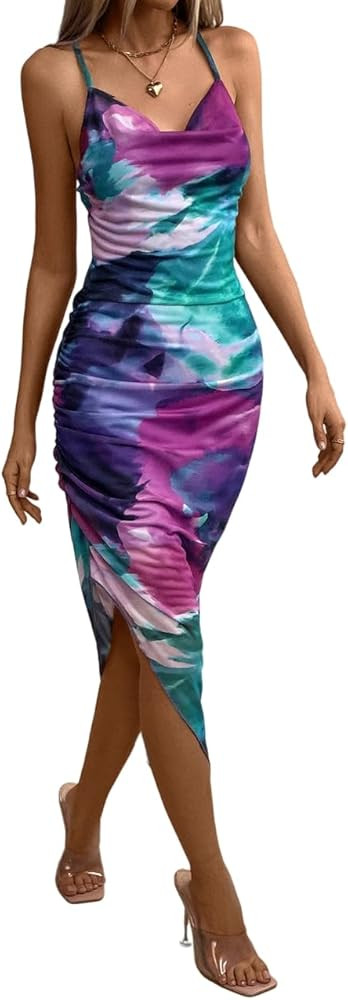 SOLY HUX Women's Tie Dye Cowl Neck Split Hem Bodycon Cami Dress Backless Long Dresses | Amazon (US)