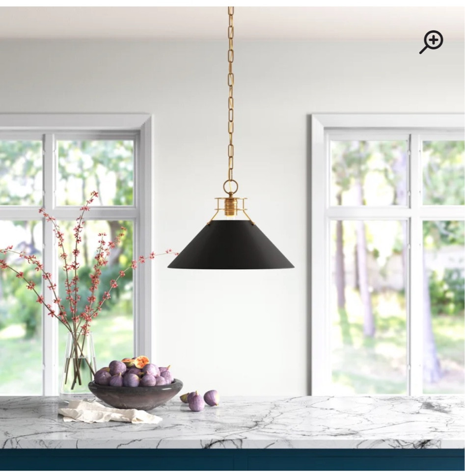 Black and brass gold cone shape kitchen island pendant on sale at Wayfair

Lighting
Also comes in white

#LTKunder100 #LTKhome #LTKsalealert