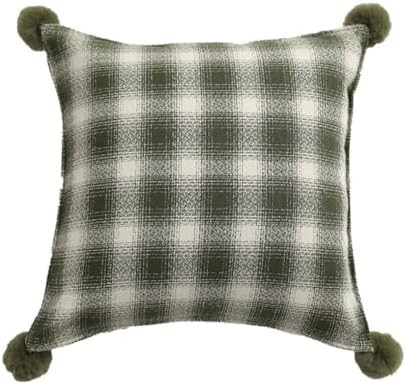 MOCOFO Christmas Throw Pillow Cover - Cotton Festive Plaid with Pom Poms (18x18) (Green) | Amazon (US)