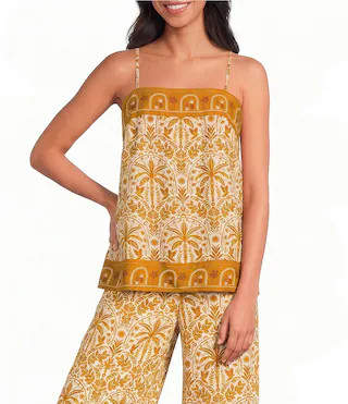 Calina Tropical Printed Square Neck Sleeveless Coordinating Linen Cami Top | Dillard's