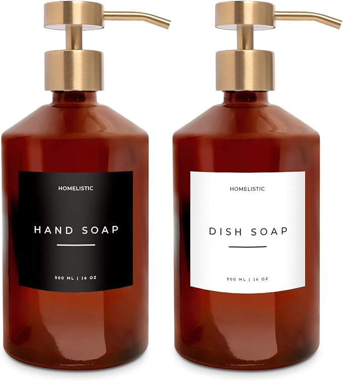 Amber Glass Soap Dispenser Set with Champagne Gold Pump – 16oz Refillable Kitchen & Bathroom So... | Amazon (US)