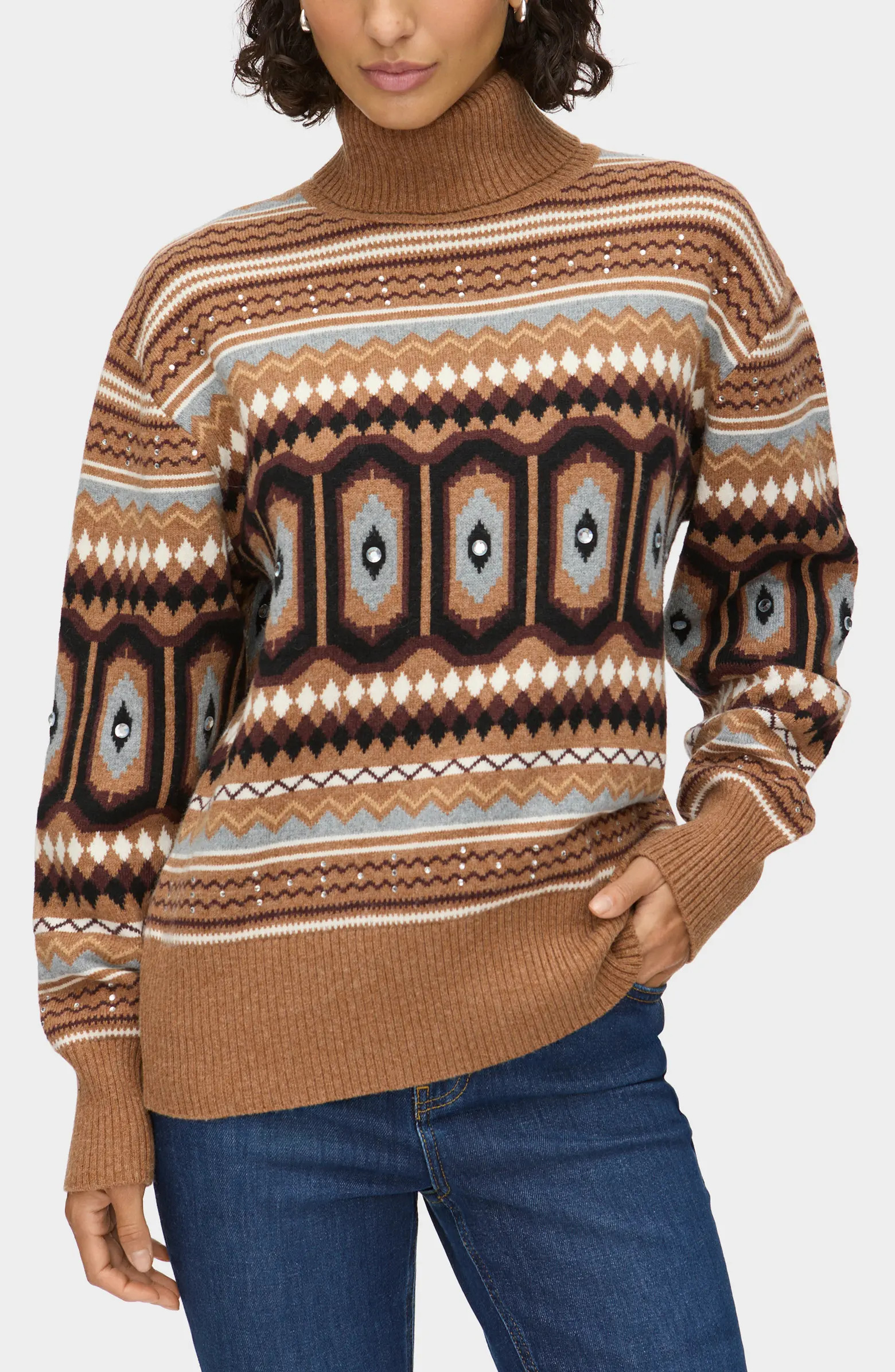 Christine Embellished Fair Isle Cotton & Wool Blend Turtleneck Sweater | Nordstrom