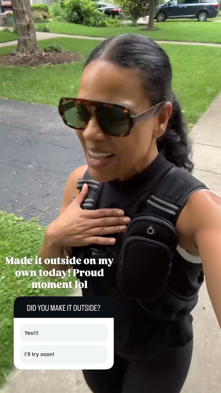 Made it outside on my own today! Proud moment lol.  Y’all are asking for the weighted vest. Comes with the phone holder and I got the 12 pound but definitely start with 8 or 5-10> of your body weight! 