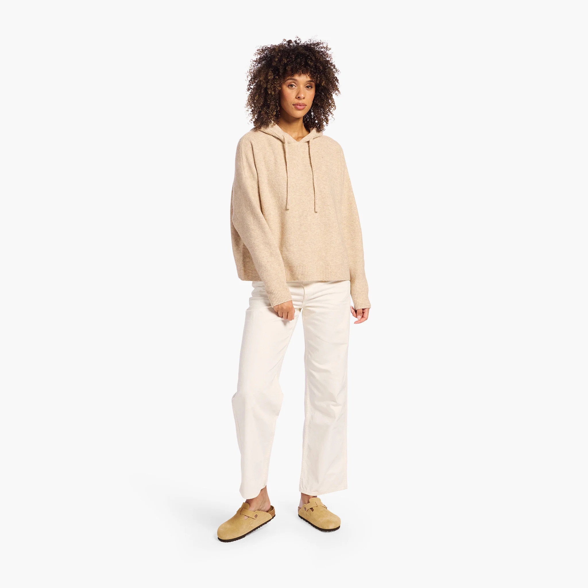 Cozy Knit Ribbed Sweater Hoodie | Heather Oat | Nuuds US