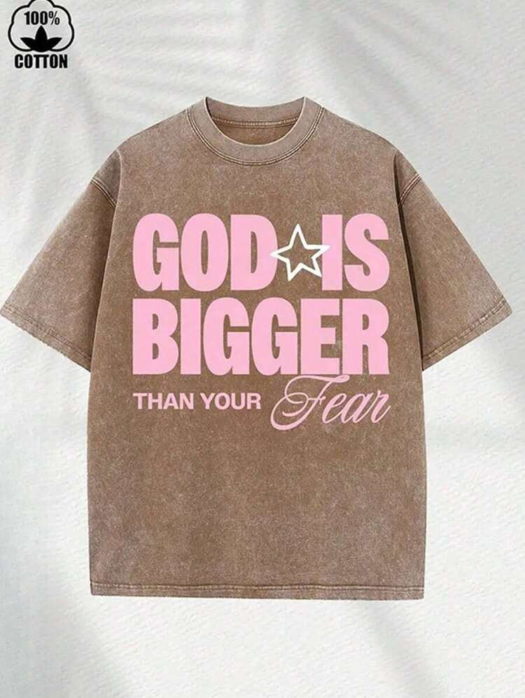 Women's Washed Cotton Casual Crew Neck T-Shirt With GOD Print, Pure Cotton Short Sleeve Loose Fit Summer Tee, Machine Washable Ladies T-Shirts | SHEIN