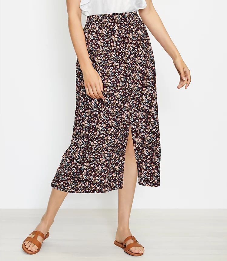 Floral Button Pull On Midi Skirt | LOFT | LOFT