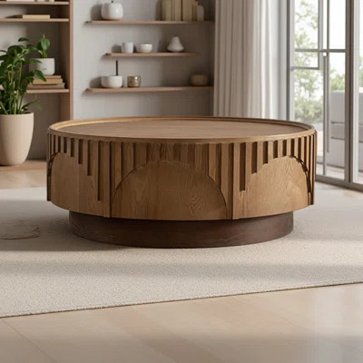 Coffee Table Round Wood Modern Solid Wood Veneer Handcrafted Relief Tea Table With Sturdy Pedestal For Apartment | Wayfair North America