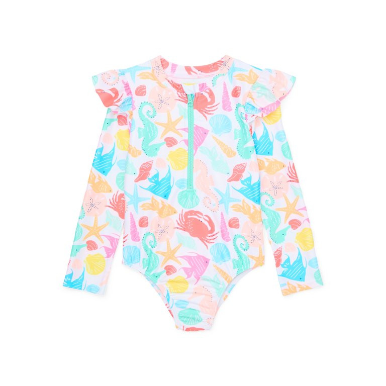Wonder Nation Toddler Girl Zip Rash Guard One-Piece Swimsuit, Sizes 12M-5T | Walmart (US)