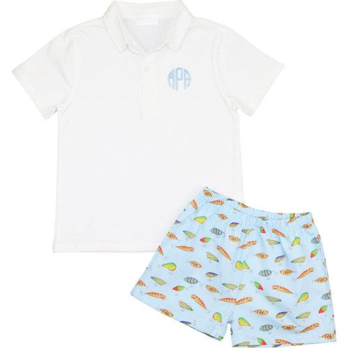 Blue Colorful Fishing Lure Polo Short Set | Cecil and Lou