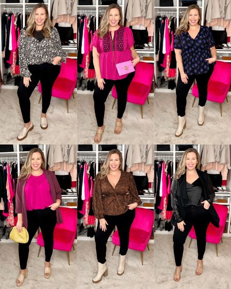 6 ways to dress up black jeans! Wearing a size 18 in these black skinny jeans from Target in every look. Look 1 (top left) - Black Floral Blouse (2X) from Target and Madewell shoes. Look 2 (top middle) - Magenta Polka Dot Top (XXL) from Target, nude low heel from Abercrombie, and crossbody Gucci bag. Look 3 (top right) - Floral V-Neck Mesh Top (2X) from Target and platform boots (linked similar). Look 4 (bottom left) - Magenta Blouse (XXL) from Target, blazer from maurices (2X), shoes from Lane Bryant, and older clutch bag from Anthropologie (linked similar). Look 5 (bottom middle) - Brown/Black Twist-Front Top (1X) from Target and platform boots (linked similar). Look 6 (bottom right) - Black Satin Tank (1X) from Target, leather jacket (1X) from Spanx (use code ASHLEYDXSPANX for a discount), and shoes from Lane Bryant. 

#LTKcurves #LTKunder50 #LTKFind