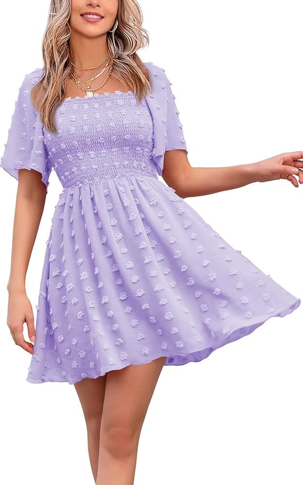 EXLURA Women's 2024 Summer Casual Ruffle Short Sleeve Swiss Dot Mini Dress Smocked Square Neck Fl... | Amazon (US)
