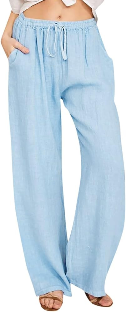 Womens Summer Fashion Linen Pants 2025 Solid Casual High Waist Loose Fit Drawstring Trousers with... | Amazon (US)