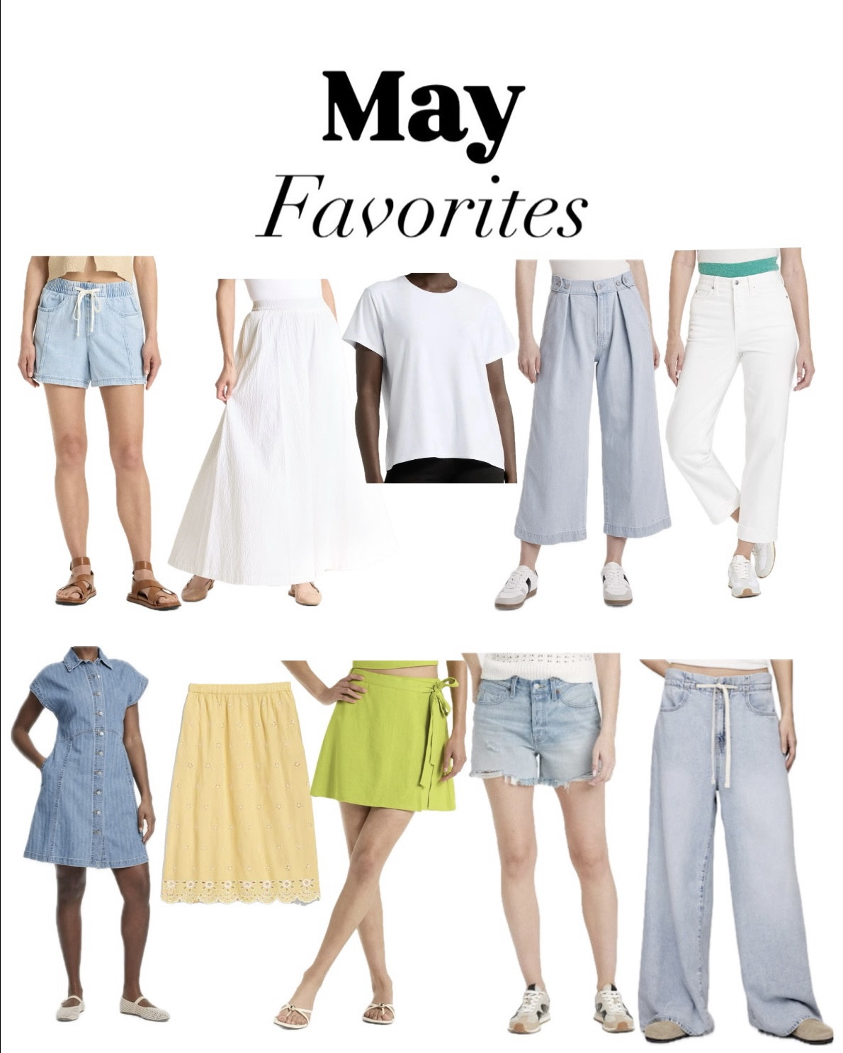 May favorites
Size smLl denim pull-on shorts
Size XS skirt
Size small white tee
Size 2 jeans (run big)
Size 4 white jeans
Size XS denim dress
Size XS yellow skirt
Size small wrap skirt 
Size 4 jeans shorts
Size XS drawstring jeans

#LTKSeasonal #LTKSaleAlert #LTKFindsUnder50