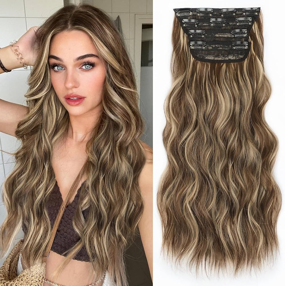 ALXNAN Clip in Hair Extension,Long Wavy Brown Mixed Light Blonde Hair Extension 4PCS Thick Hairpi... | Amazon (US)