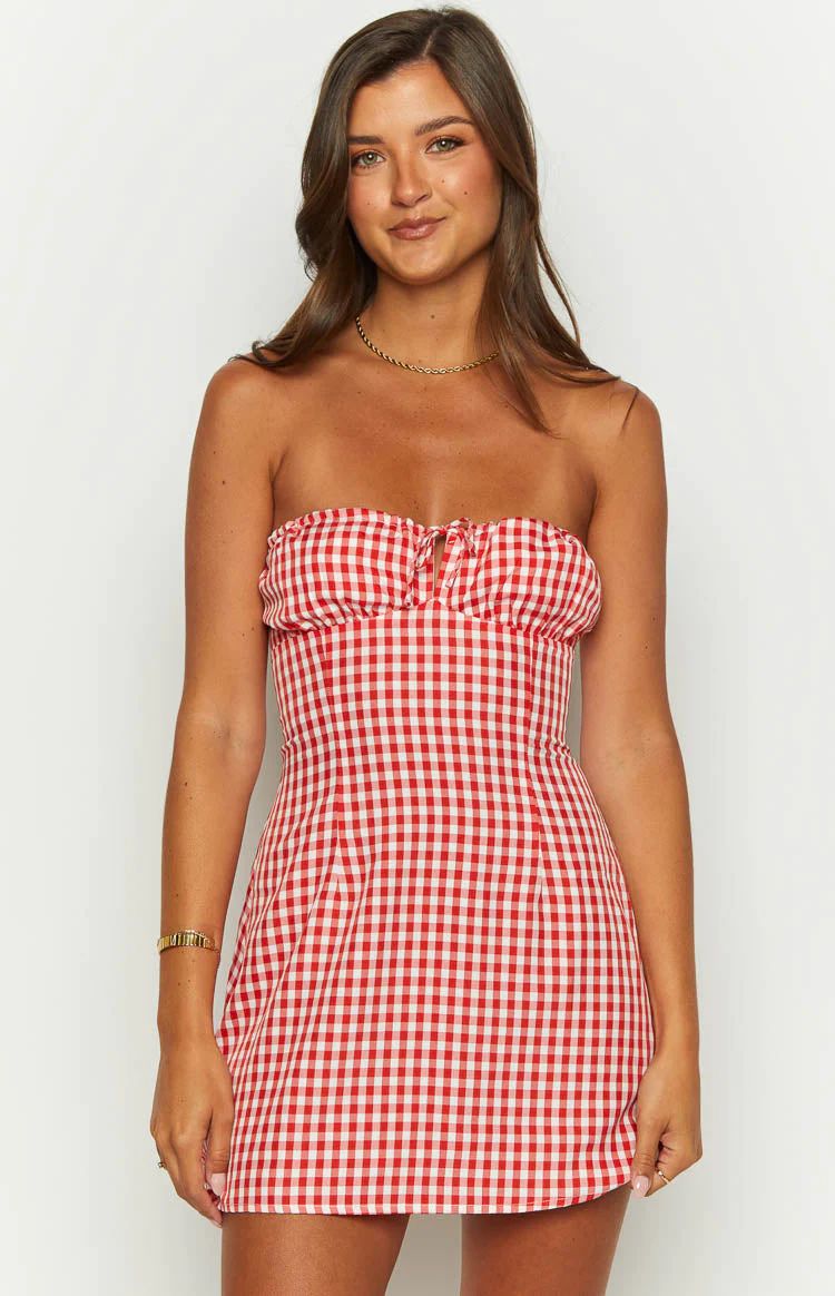 Faith Red Gingham Strapless Mini Dress | Beginning Boutique (US)