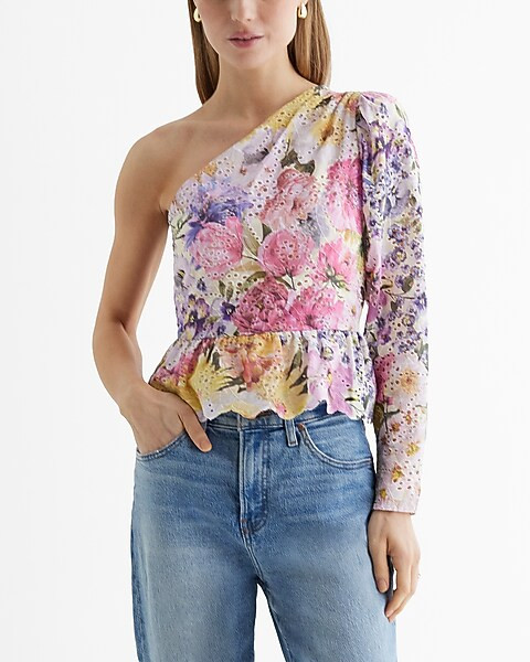 Eyelet Floral Gathered One Shoulder Peplum Top | Express