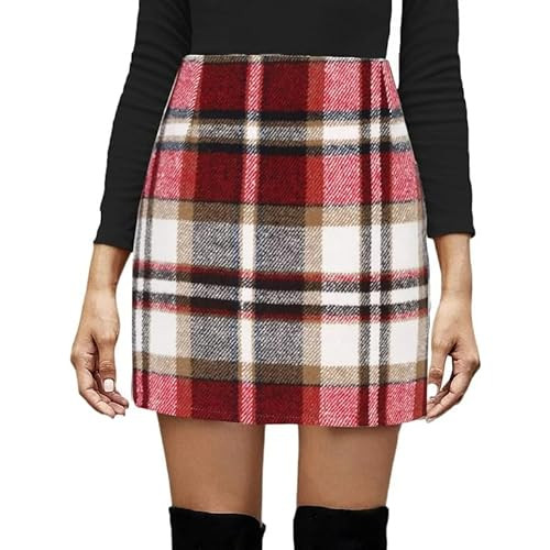 Dqbeng Plaid Skirts for Women High Waisted A Line Flannel Pencil Bodycon Skirt (Red-XS) | Amazon (US)