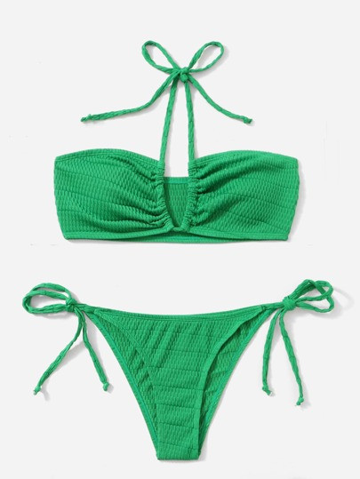 Textured Tie Side Halter Bikini Swimsuit | SHEIN