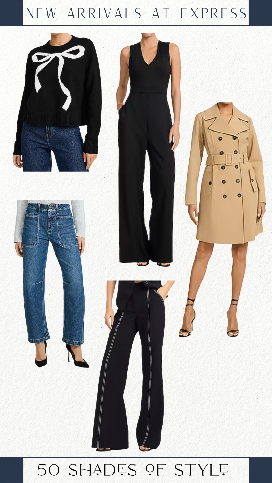 bow sweater, black jumpsuit, trench coat, barrel jeans, flare jean, winter outfit 

#LTKOver40 #LTKSeasonal #LTKootd