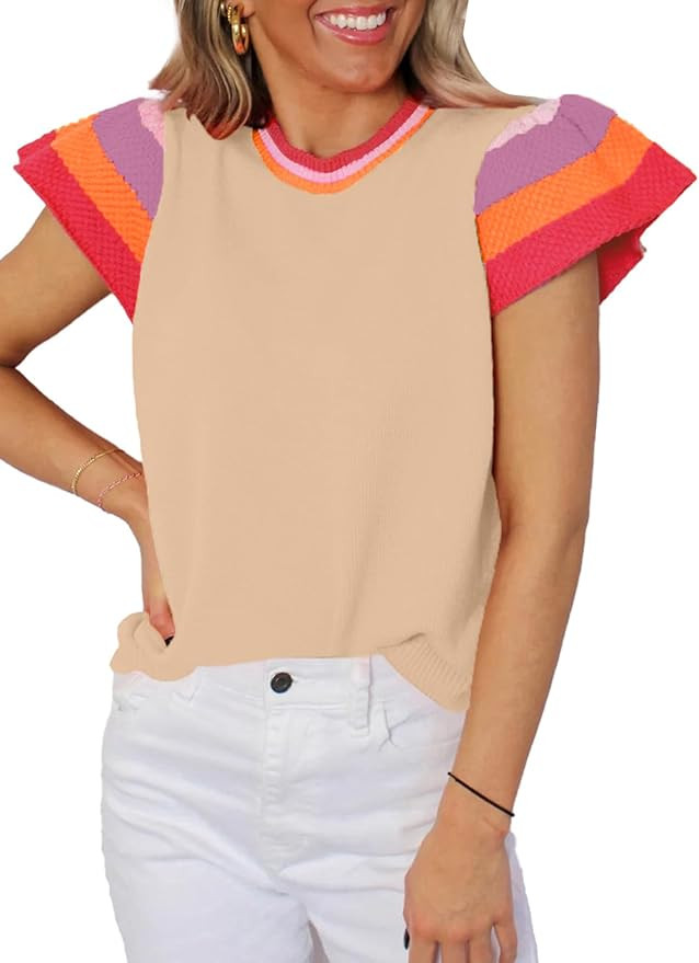 SHEWIN Womens Color Block Tops Casual Crewneck Short Sleeve Pullover Sweater Knit Lightweight Bea... | Amazon (US)