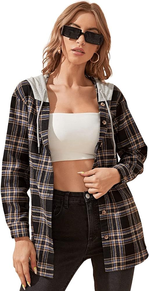 SheIn Women's Basic Long Sleeve Plaid Hoodie Jacket Button Down Work Blouse Tops | Amazon (US)