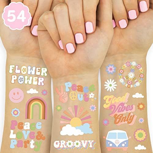 Groovy 70s Temporary Tattoos - 48 Glitter Styles | Flower Power Birthday Party Supplies, Good Vib... | Amazon (US)