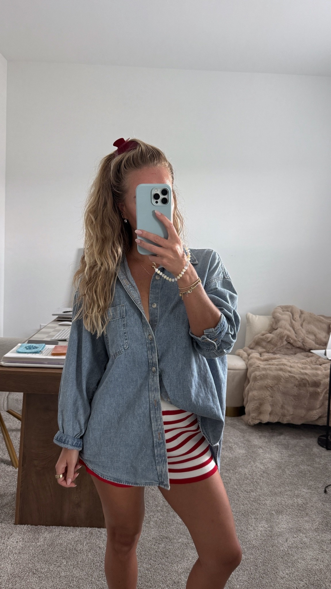 Casual OOTD ❤️ @Aritzia Oversized Denim shirt paired with English Factory Striped Knit shorts. 

Small in shorts. 

4th of July fashion, Americana style, coastal grandmother style, New England summer, East Coast preppy, nautical outfit, classic summer fashion, red white and blue, summer holiday outfit, preppy style, coastal style

#LTKootd #LTKSeasonal