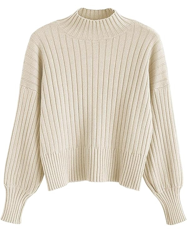 ZAFUL Women's Crew Neck Long Sleeve Pullover Crop Sweater Mock Neck Lantern Sleeve Ribbed Knit Cr... | Amazon (US)