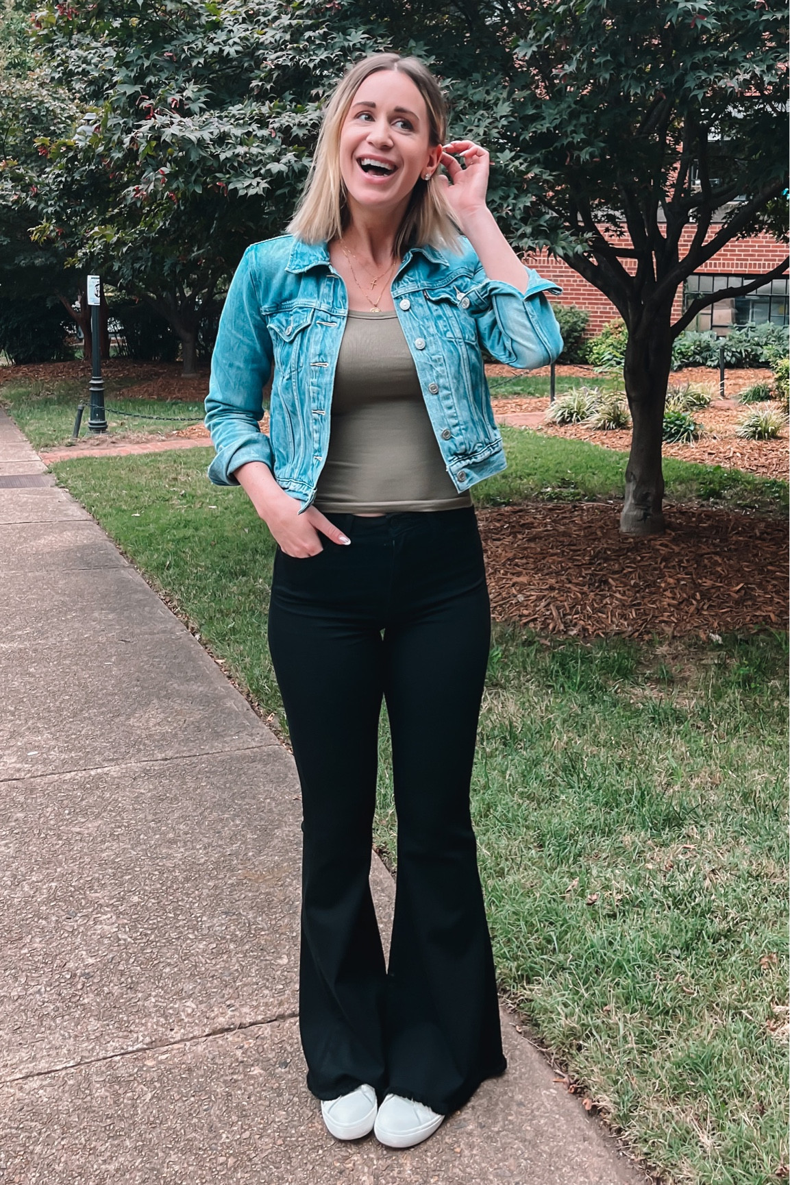 Who would've guessed I'd be rocking bell bottoms in my 30s and loving it? 😆 My wardrobe this autumn revolves around my trusty Levi's denim jacket (I'm wearing a small)! This versatile olive tank top is a staple that I wear all year round, and it pairs perfectly with everything (I'm also wearing a small). Linking exact and similar (top-reviewed) products below! ✨

#LTKfindsunder50 #LTKSeasonal #LTKfindsunder100