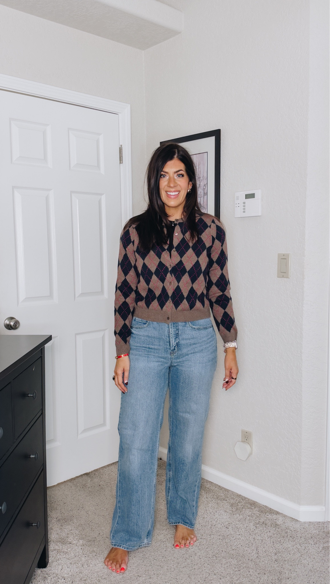 Gap sale try in
Medium argyle sweater 
8 regular wide leg jeans