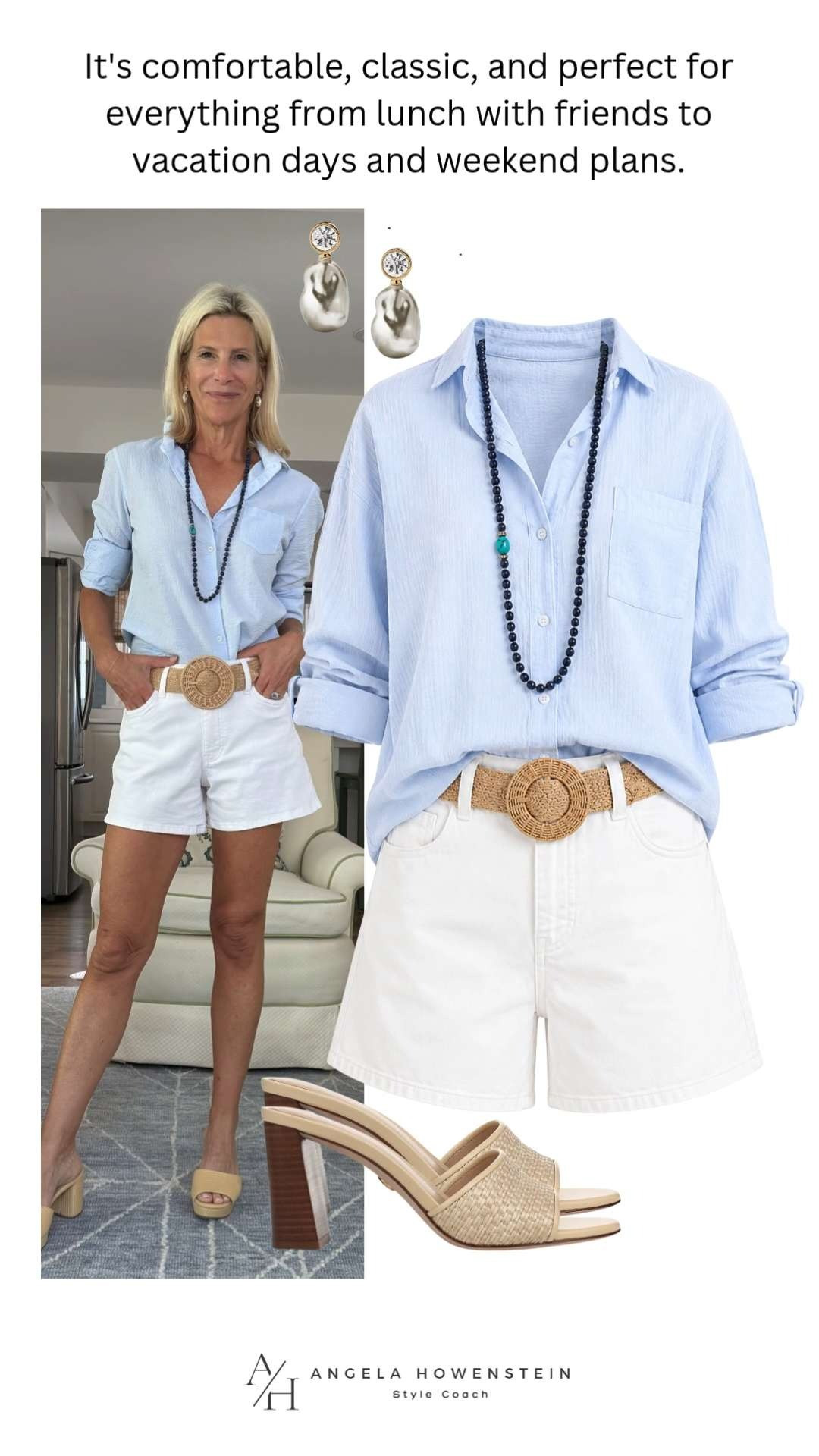 A light blue button-down shirt paired with crisp white shorts is a timeless summer outfit combination. 

 #LTKootd #LTKSeasonal #LTKOver40