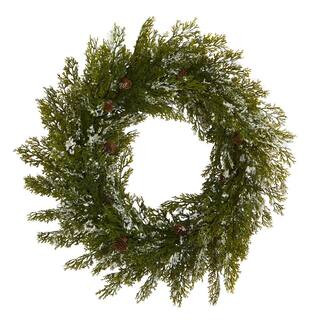 Nearly Natural 20 in. Snowed Artificial Cedar Wreath with Pine Cones-4489 - The Home Depot | The Home Depot