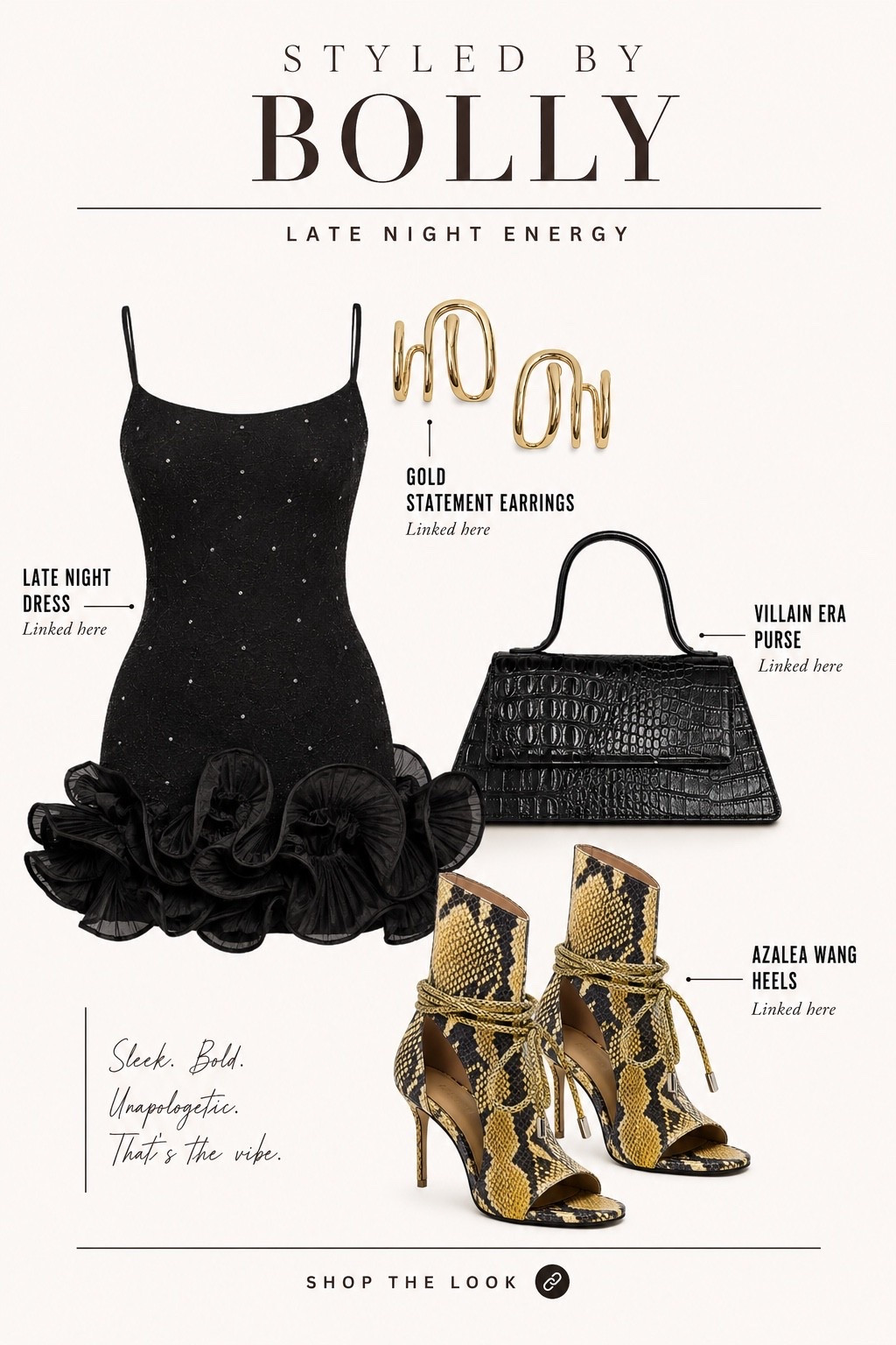 Late night energy, but make it a LOOK. 🖤 I paired this flirty black ruffle mini with a structured croc bag, gold statement earrings, and snakeskin heels for the pop she needed. Because sometimes the shoe is the outfit. 👀

#LTKgrwm #LTKMidsize #LTKBeauty