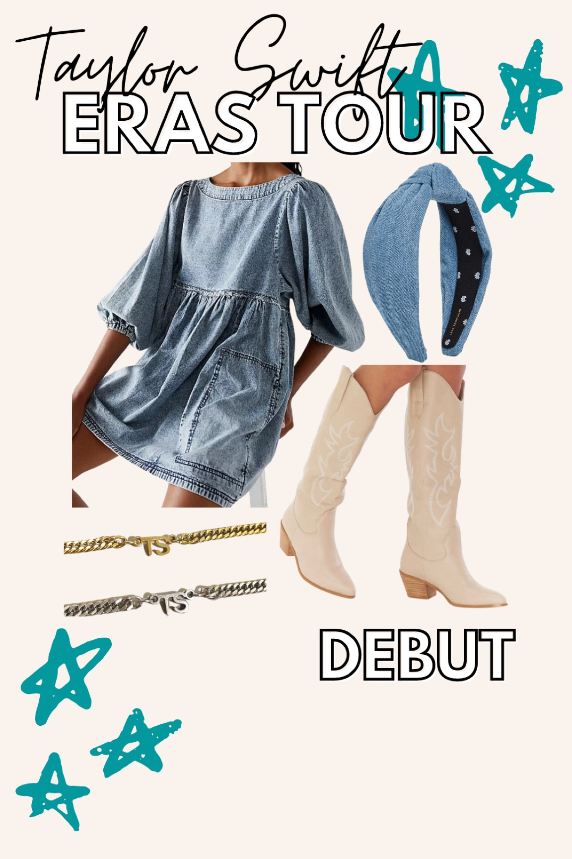 Taylor Swift DEBUT era outfit inspo for Taylor Swift’s Eras Tour 🤠 I think a denim look is a bit of a throwback to country TS days in a bit of a new way! Make it country chic & add some neutral cowboy boots. Curl your hair for the best T Swift throwback look! 

Linked similar necklace choices. The ones pictured are from ResinRina online.✨ She makes the BEST gifts for the Swiftie in your life. I love shopping small when I can! 

#LTKGiftGuide #LTKstyletip #LTKunder100