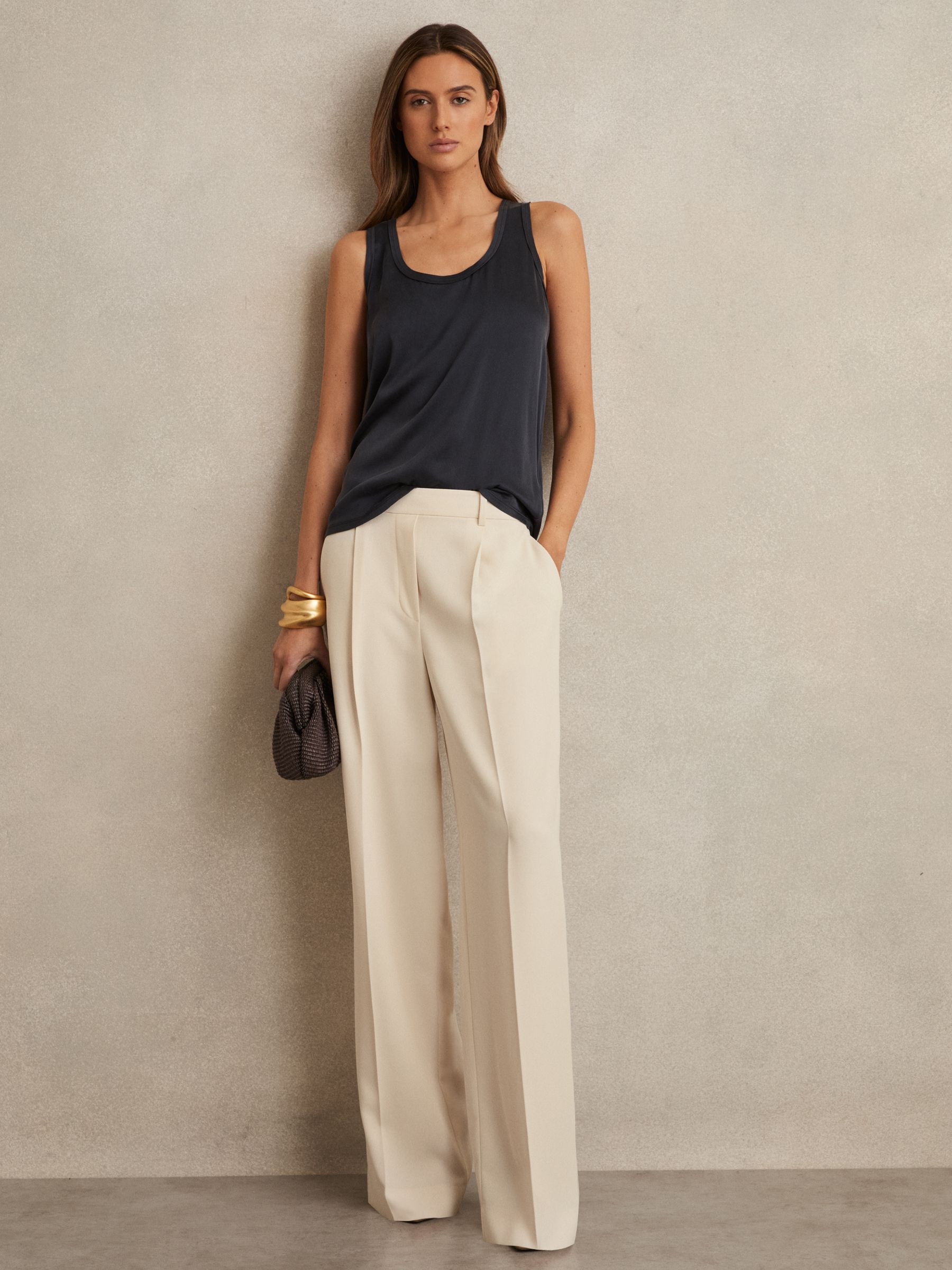 Reiss Elasticated-Waist Wide-Leg Twill Trousers in Cream - REISS | Reiss UK