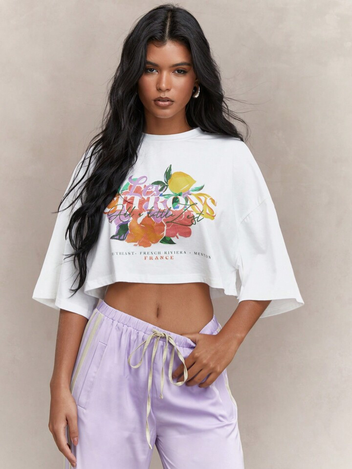 MISSGUIDED Street Front Summer Floral Fruit Print Dropped Shoulder Loose Fit Crop T-Shirt | SHEIN