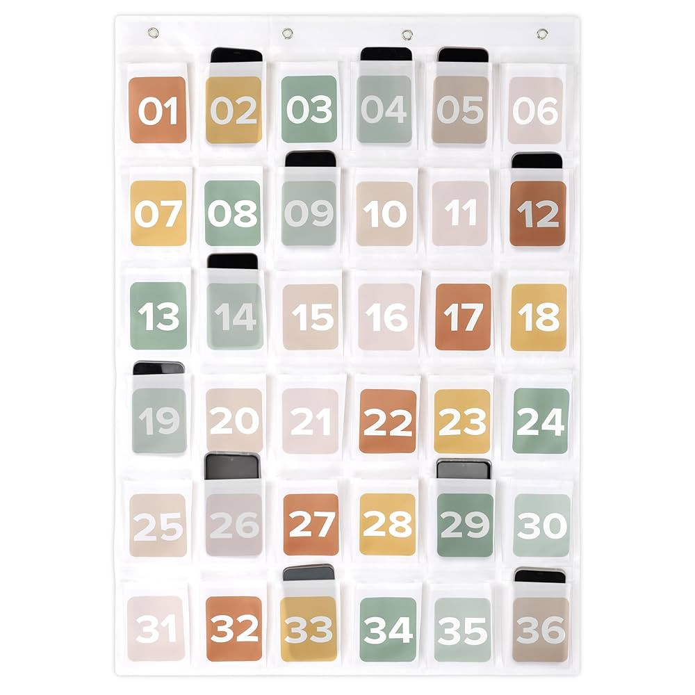 Premium Cell Phone Holder for Classroom - Durable Pocket Chart with 36 Numbered Slots & Hooks - T... | Amazon (US)