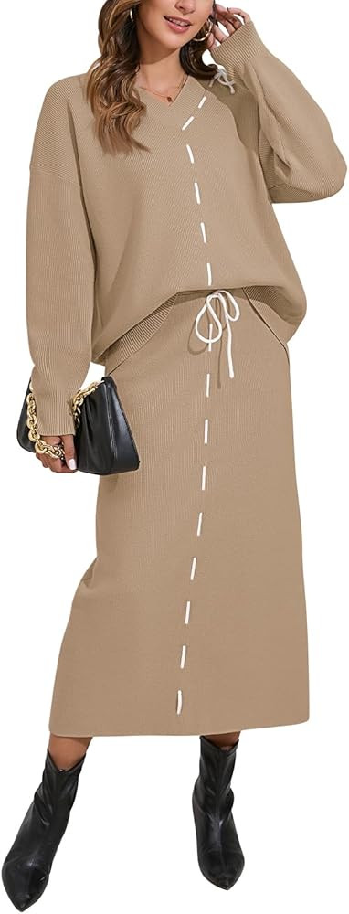 Pink Queen 2024 Women's 2 Piece Sweater Set V Neck Rib Knit Long Sleeve Maxi Bodycon Skirt Casual... | Amazon (US)